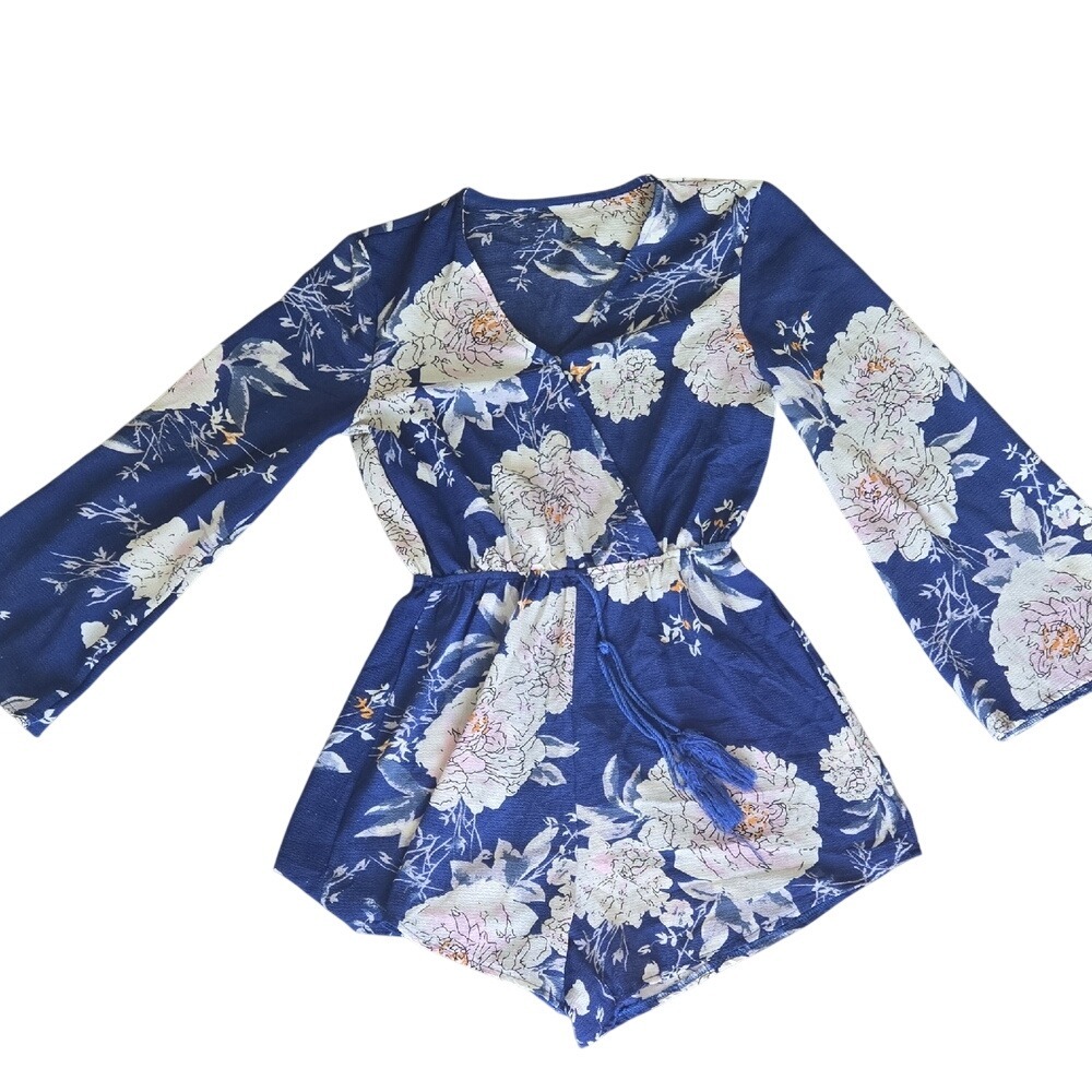 Navy‎ Blue Floral Long Bell Sleeve Romper with Tassel Drawstring Waist